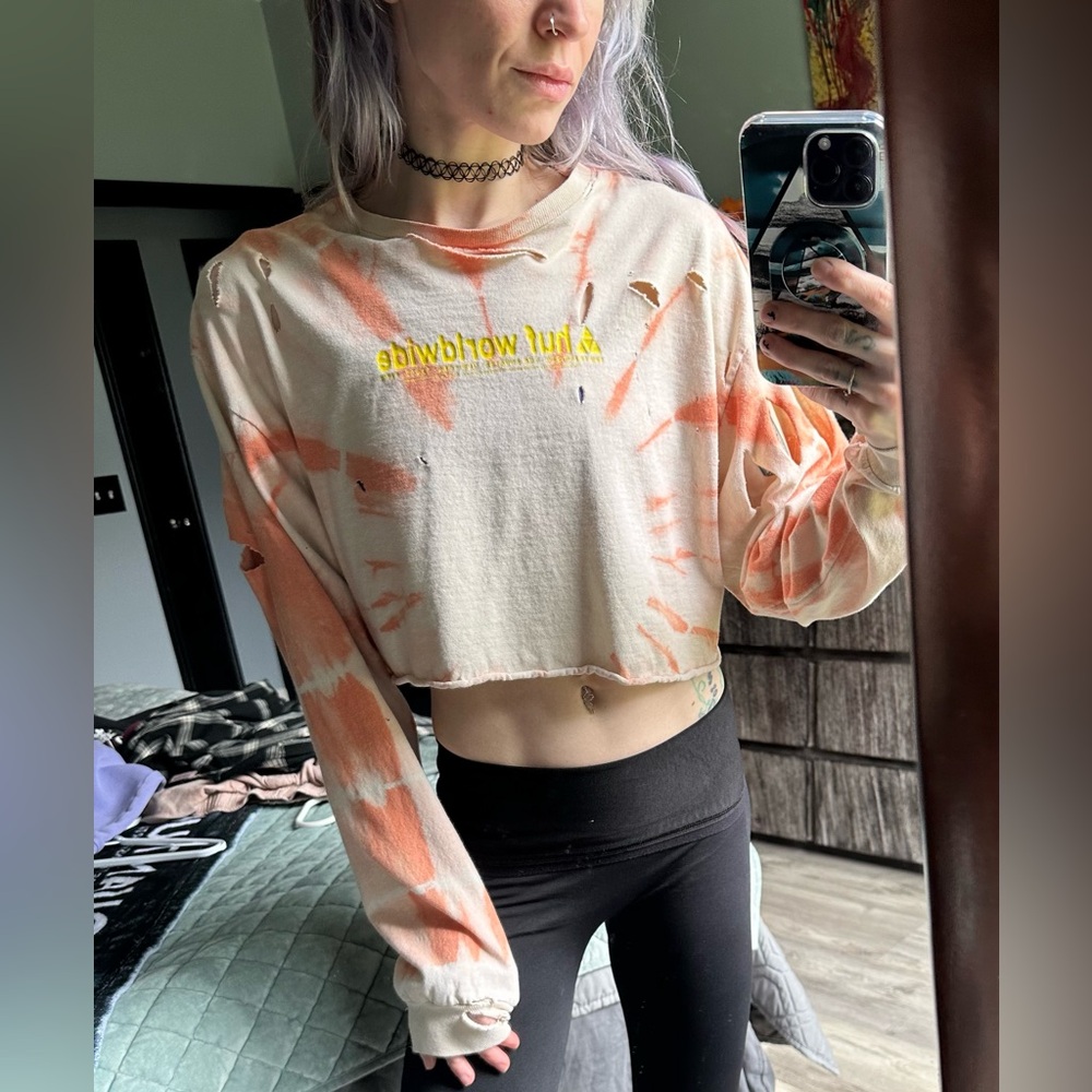 HUF Worldwide Peachy Orange Tie Dye Distressed & Cropped Long Sleeve Shirt